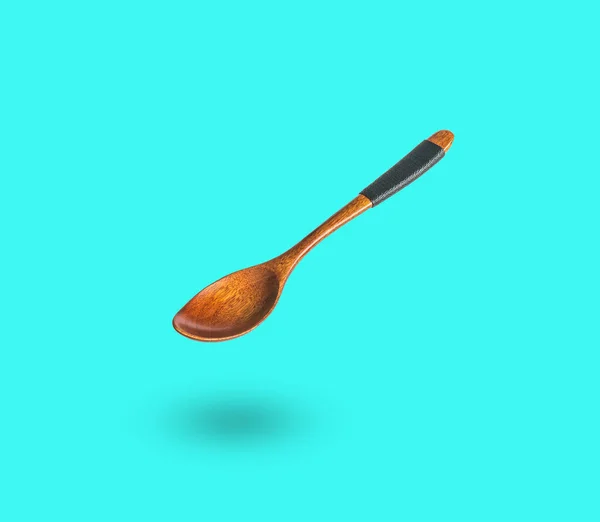 Beautiful Wooden Spoon Light Blue Background Accessory Eating — Fotografia de Stock