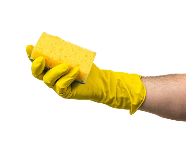 Eine Männerhand Einem Gelben Gummihandschuh Und Einem Schaumstoffschwamm Isoliert Auf — Stockfoto
