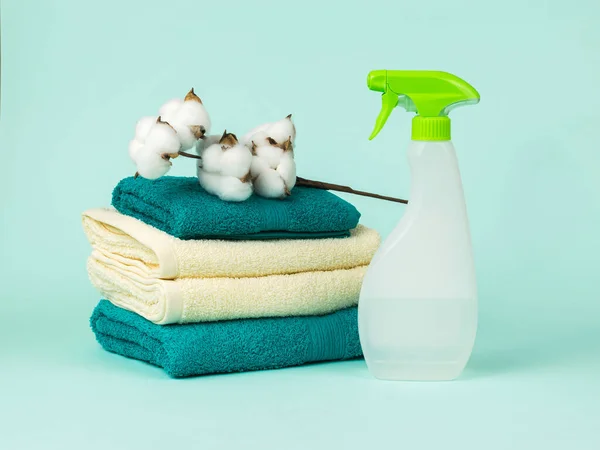 Linen Care Product Set Towels Sprig Cotton Blue Background Concept — Stock Photo, Image