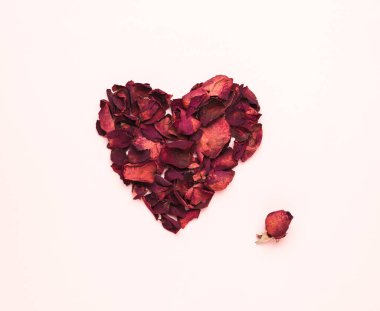Kurumuş bir buket gül ve pembe arka planda gül yapraklarından bir kalp. Romantik ilişki kavramı. Düz yatıyordu.