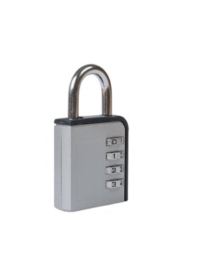 Gri şifreli kilit beyaz arka planda izole edilmiş. Mülkiyeti korumak için bir aygıt.