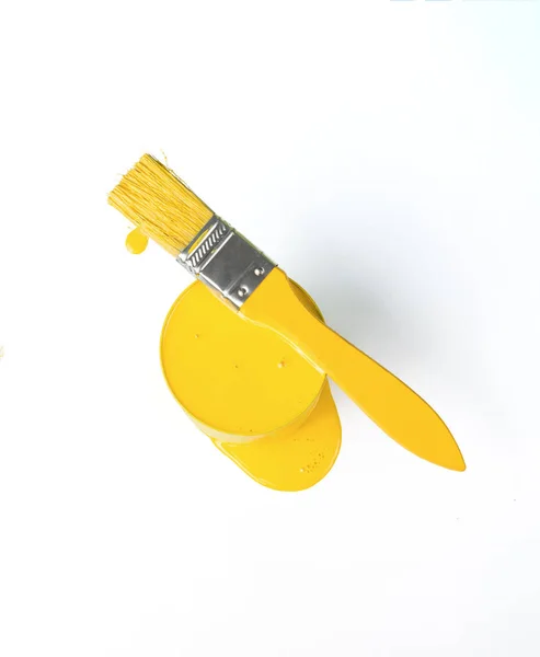 Yellow Brush Jar Yellow Paint Isolated White Background Trending Colors — Stock Photo, Image
