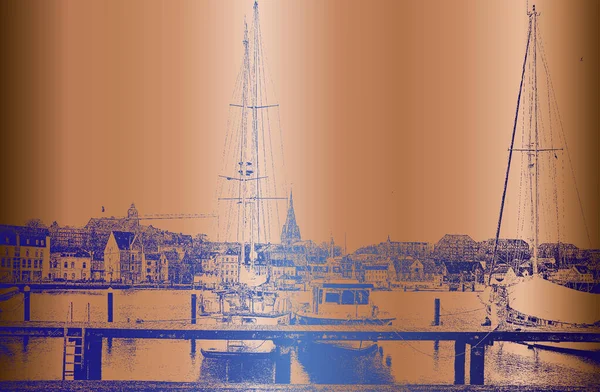 Golden Backgraund Flensburgs Hamn Tyskland Yachts — Stock vektor