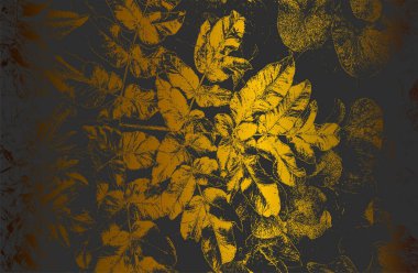 Luxury black, golden metal gradient background with distressed closeup leaf texture with streaks. Vector illustration