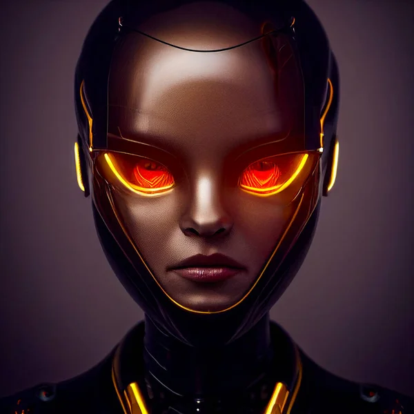 The futuristic portrait of the girl of an alien. Red and gold details. Artificial intelligence. Illustration.