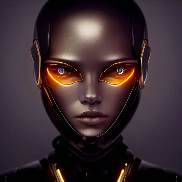 The futuristic portrait of the girl of an alien. Red and gold details. Artificial intelligence. Illustration.