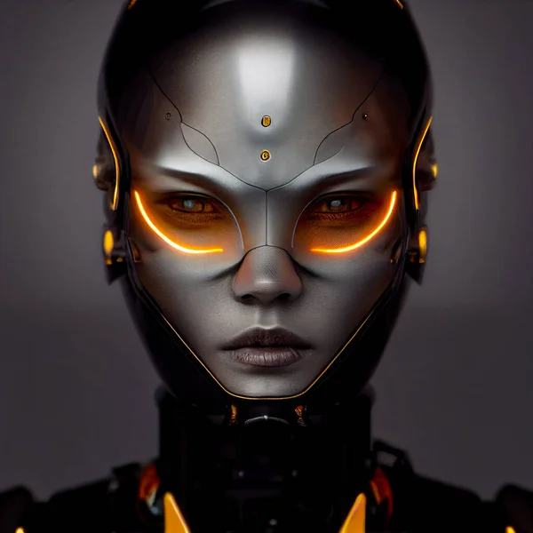 The futuristic portrait of the girl of an alien. Red and gold details. Artificial intelligence. Illustration.