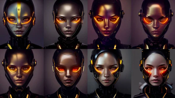 The futuristic portrait collage of the girl of an alien. Red and gold details. Artificial intelligence. Illustration.