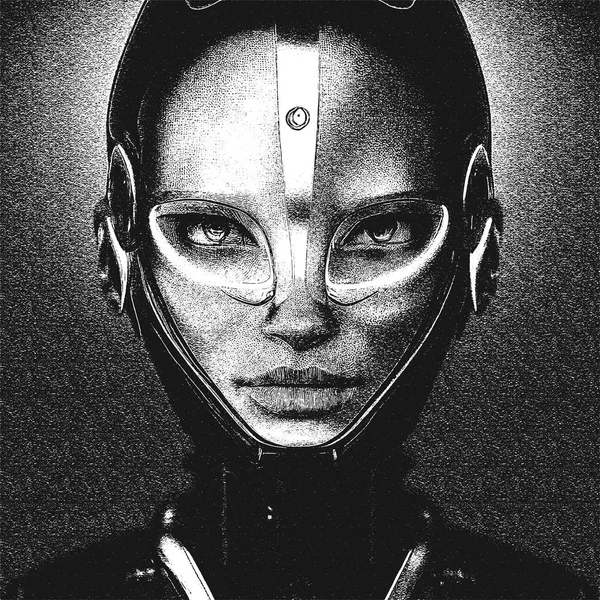 Futuristic Portrait Girl Alien Red Gold Details Artificial Intelligence Vector — Stock Vector