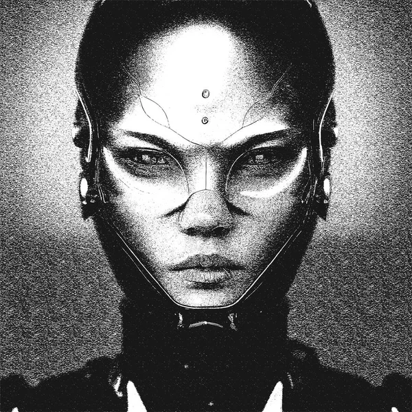 Futuristic Portrait Girl Alien Red Gold Details Artificial Intelligence Vector — Stock Vector