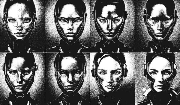 Retrato Futurista Rapariga Extraterrestre Detalhes Vermelhos Dourados Inteligência Artificial Ilustração —  Vetores de Stock