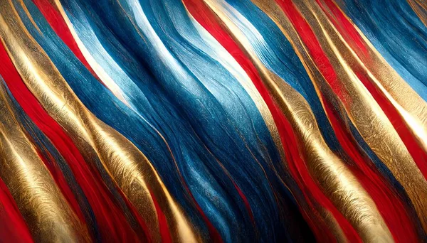 Abstract background with red, golden and blue silk fabric with waves. Luxury illustration.