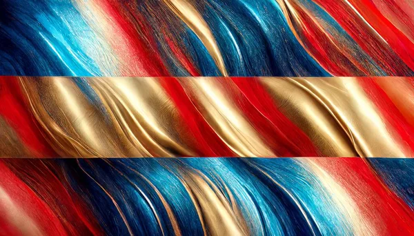 Abstract background with red, golden and blue silk fabric with waves. Luxury illustration.