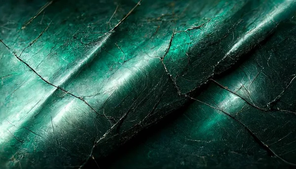 Abstract background with dark emerald shiny metal plate with cracks and scratches. Modern illustration.