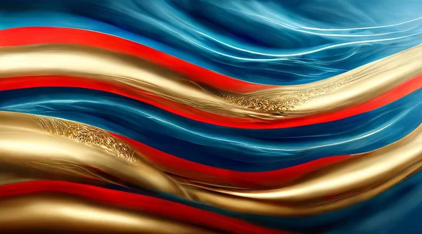 Abstract background with red, golden and blue silk fabric with waves. Luxury illustration.