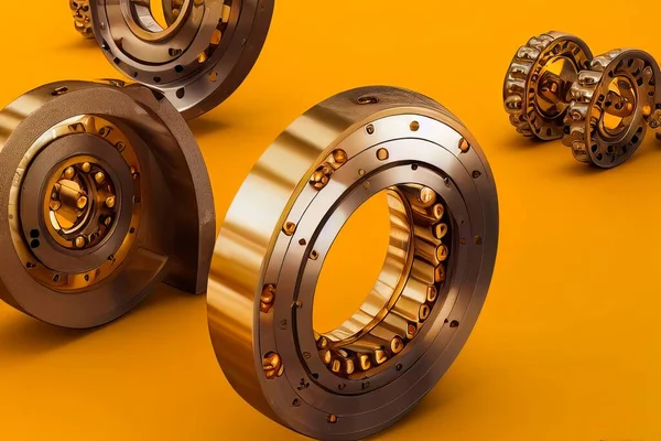 Golden ball bearings on orange background. Modern background