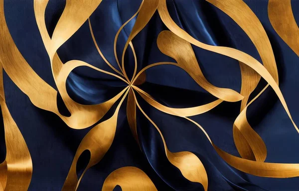 Abstract background with golden abstract ornament on blue silk fabric. Luxury illustration.