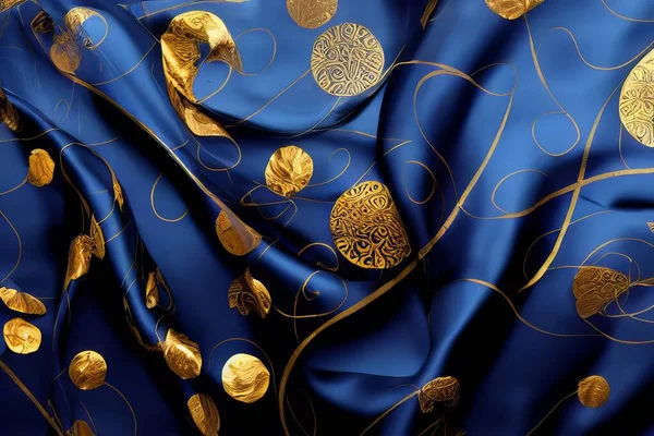 Abstract background with golden abstract ornament on blue silk fabric. Luxury illustration.