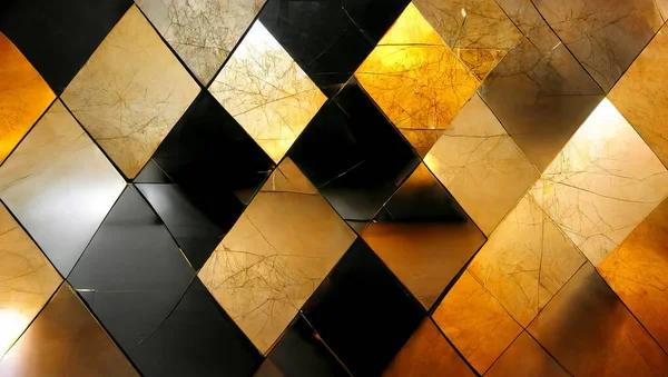 Abstract geometric background with black and golden concrete tile, mosaic, glass, rectangle, triangle pattern. Modern background