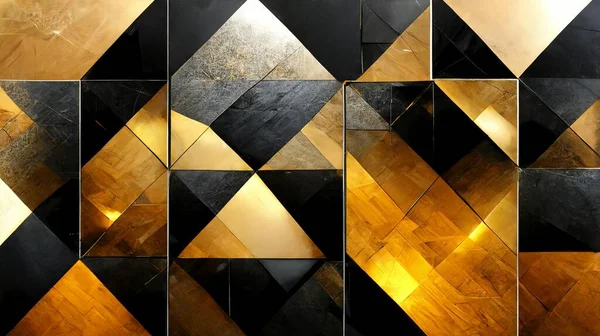 Abstract geometric background with black and golden concrete tile, mosaic, glass, rectangle, triangle pattern. Modern background