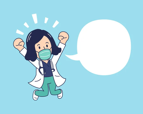 Γελοιογραφία Ευτυχισμένη Γυναίκα Γιατρός Φορώντας Προστατευτική Μάσκα Και Φούσκα Ομιλία — Διανυσματικό Αρχείο
