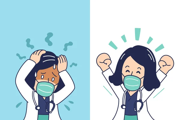 Karikatur Einer Ärztin Mit Schutzmaske Die Unterschiedliche Emotionen Für Das — Stockvektor