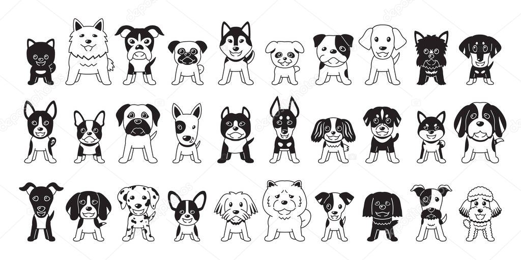 Different type of vector cartoon black color dogs on white background for design.