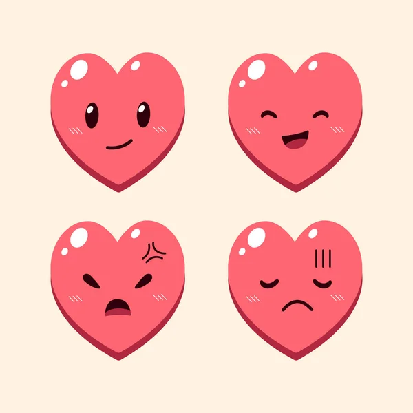 Vector Cartoon Niedlichen Herzen Charakter Gesichter Mit Unterschiedlichen Emotionen Für — Stockvektor