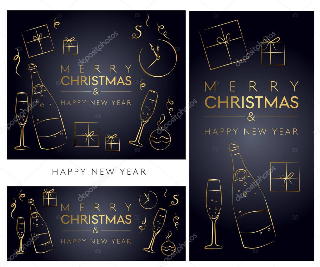 set of Christmas invitation poster with gold glitter, social media templates