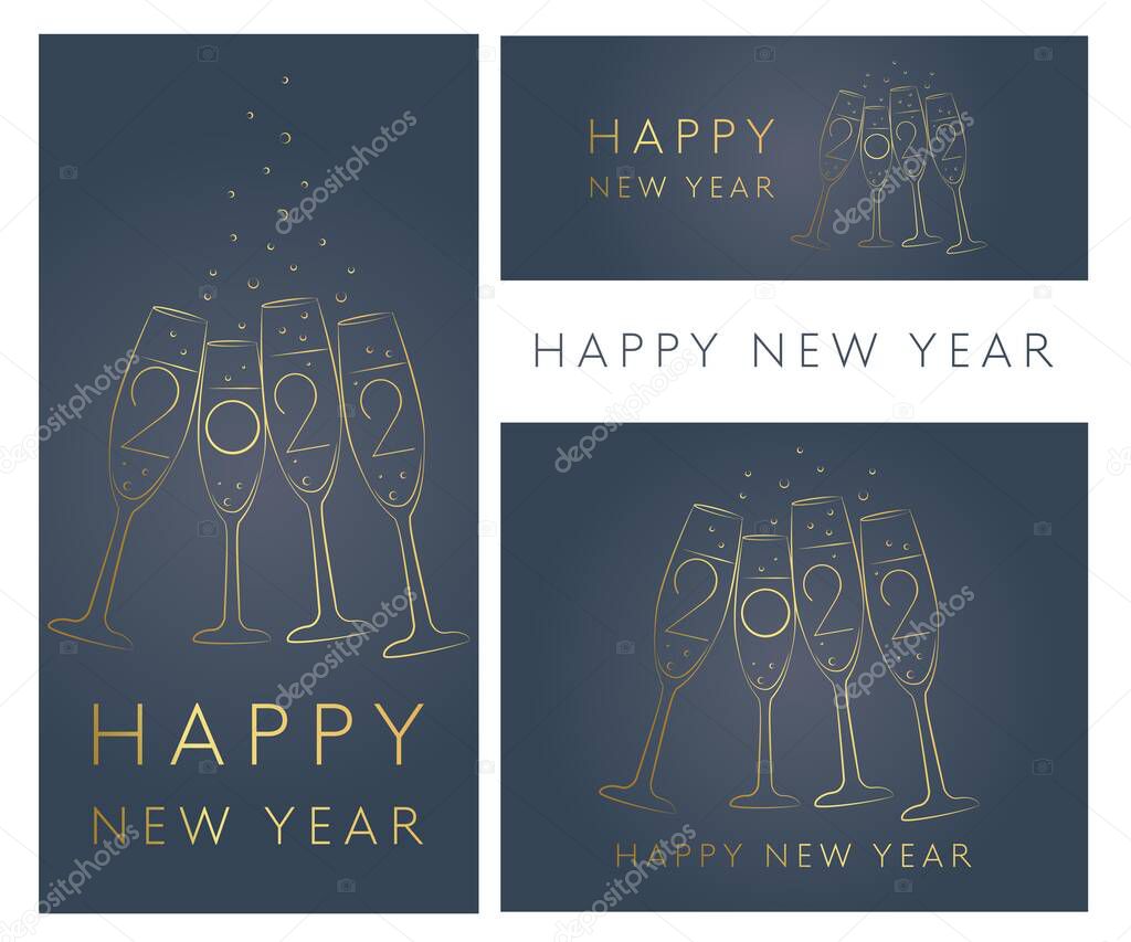 setHappy new year 2022 illustration with gold, glasses of champagne and a clock. Gold sequin, vector illustration, social media templates