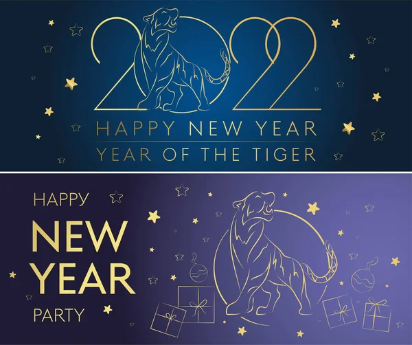 Cny 2022 Banner Set Happy Chinese New Year Golden Tiger — Stockvektor