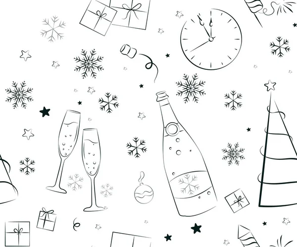 Seamless Pattern Elements New Year Christmas Doodle Illustration Hand Drawn — Vetor de Stock