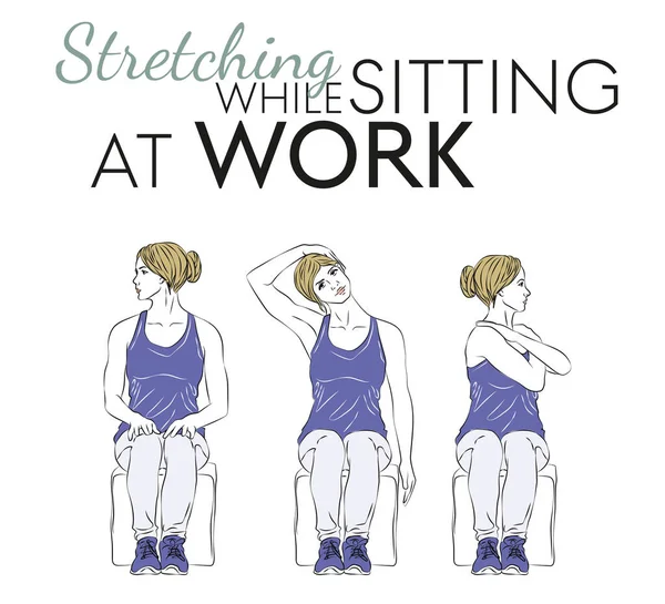 Stretching Zittend Werkplek Moet Worden Uitgevoerd Terwijl Zitten Een Stoel — Stockvector