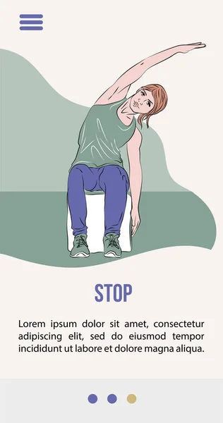 Vector Illustratie Met Jonge Vrouw Doen Stretching Oefeningen Tijdens Het — Stockvector