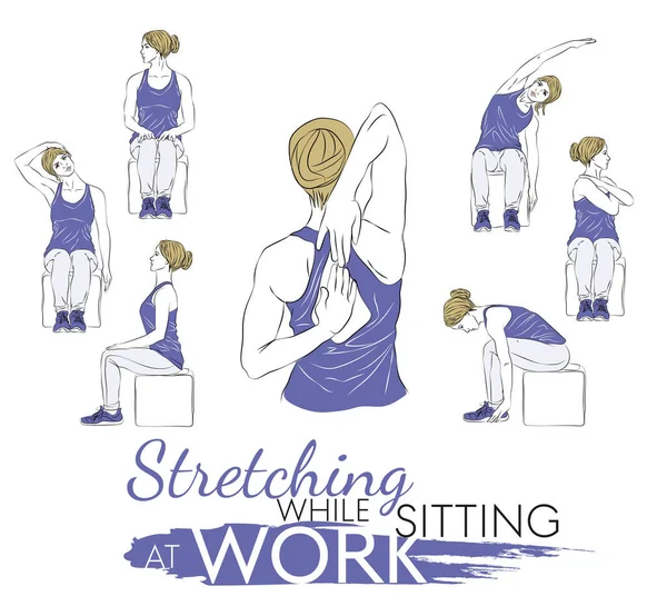 Set Stretching Seduta Sul Posto Lavoro Deve Essere Eseguita Mentre — Vettoriale Stock