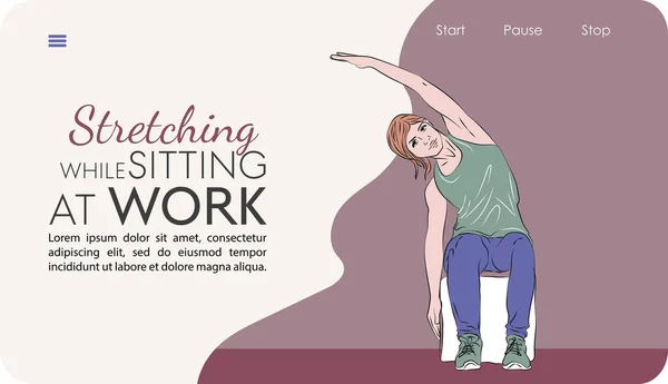 Jonge Vrouw Doen Stretching Oefeningen Tijdens Het Zitten Het Werk — Stockvector