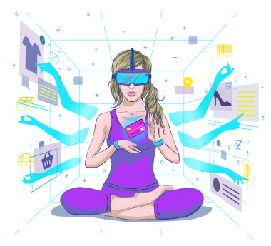 Daimi gerçeklik gözlüğü takan bir kadın çevrimiçi vektör çizimi yapıyor. Alışveriş dünyasında Metaverse 3 boyutlu teknoloji