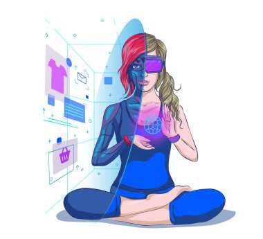 Daimi gerçeklik gözlüğü takan bir kadın çevrimiçi vektör çizimi yapıyor. Alışveriş dünyasında Metaverse 3 boyutlu teknoloji