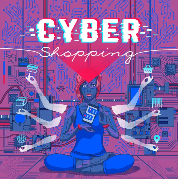 Digitální Nakupování Nebo Kybernetické Pondělí Realistická Realita Nebo Kyborg Nákupními — Stockový vektor