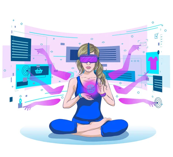 Daimi gerçeklik gözlüğü takan bir kadın çevrimiçi vektör çizimi yapıyor. Alışveriş dünyasında Metaverse 3 boyutlu teknoloji