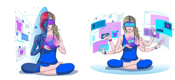 Digital Virtuell Verklighet Metaverse Och Augmented Reality Teknik Kvinna Verkligheten Vektorgrafik