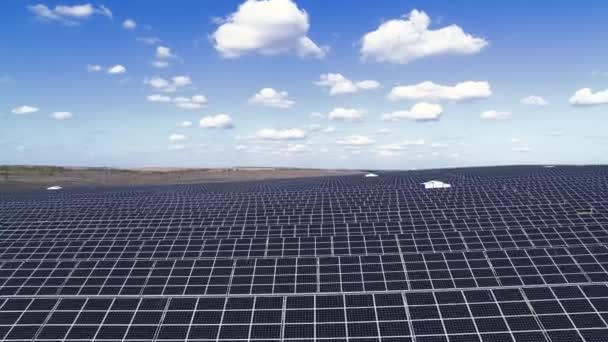 Grünes Feld mit Sonnenkollektoren für die Produktion erneuerbaren Stroms Luftaufnahme — Stockvideo