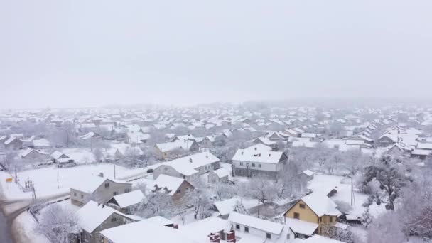 Руфи закриті снігом приватні будинки вид з повітря — стокове відео