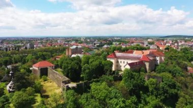 The Uzhgorod castle in the summer aerial cityscape view