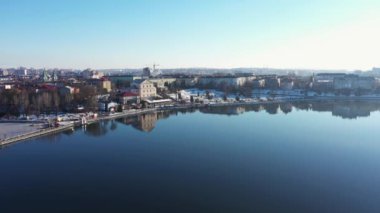 The embankment to the lake in the center of Ternopol city Ukraine aerial view