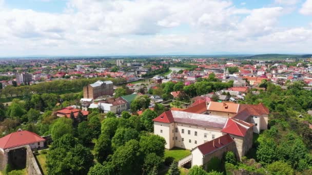 Das Stadtbild von Uzhgorod in der Nähe der Burg im sommerlichen Luftbild — Stockvideo