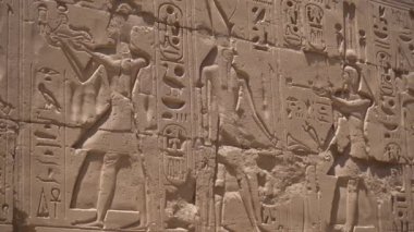 Hatshepsut tapınağındaki duvarda Mısır hiyerogliflerinin yakın çekimi. Eski Mısır hiyeroglifleri oyulmuş antik taş duvar. Sığ DOF