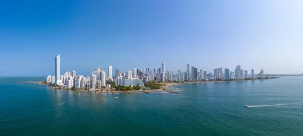 The modern skyscrapers in the Cartagena de Indias in Colombia on the Caribbean coast of South America. Bocagrande district panorama aerial view ロイヤリティフリーのストック画像
