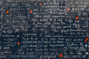 PARIS - MARCH 22, 2022: Wall of Love in Paris with I love you written in many languages