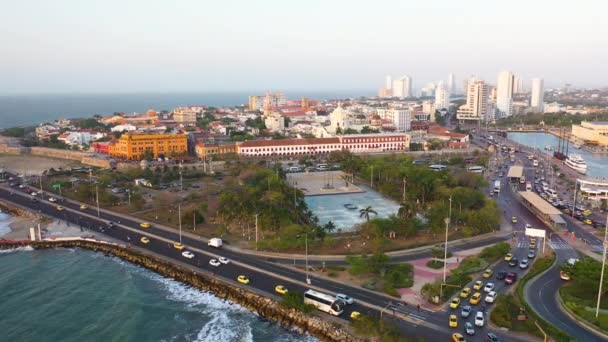 Old Town Cartagena Indias City Traffic Evening Colombia Aerial View — Video